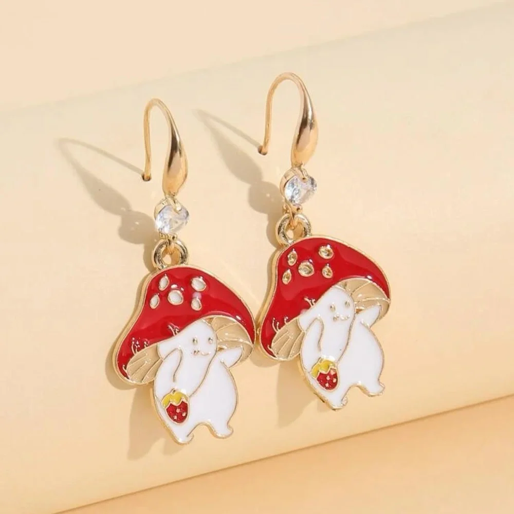 Cute Mushroom Man Strawberry Dangle Earrings | Red Enamel Whimsical